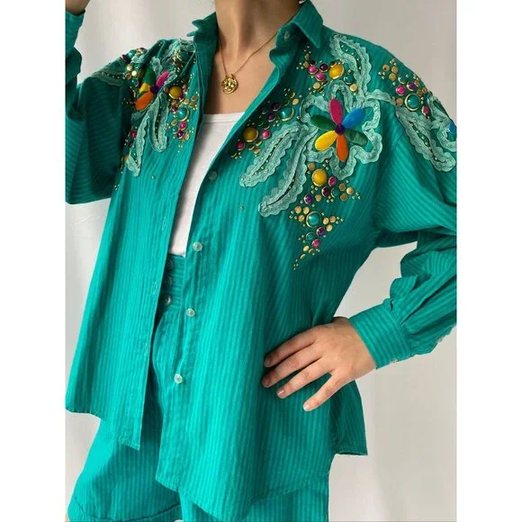 80s vintage embellished funky button up shirt shorts 2 piece matching coord set - Picture 4 of 11